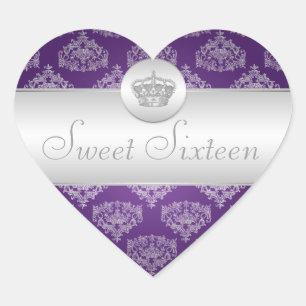 Sweet Sixteen Royal Crown Purple Heart Sticker