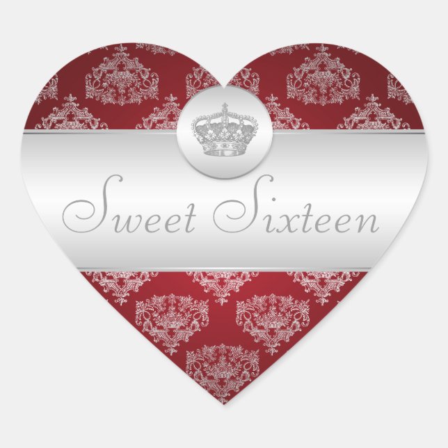 Sweet Sixteen Royal Crown Red Heart Sticker (Front)