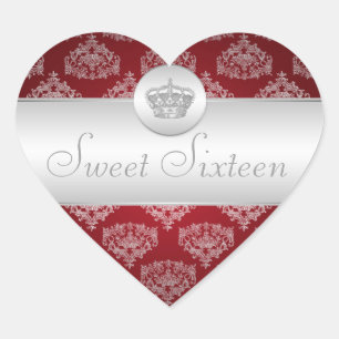 Sweet Sixteen Royal Crown Red Heart Sticker