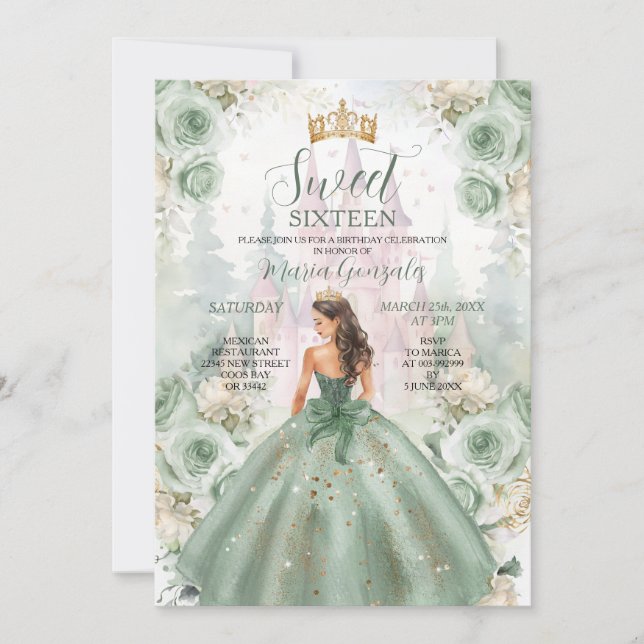 Sweet Sixteen Sage Green Princess Floral Castle Invitation (Front)