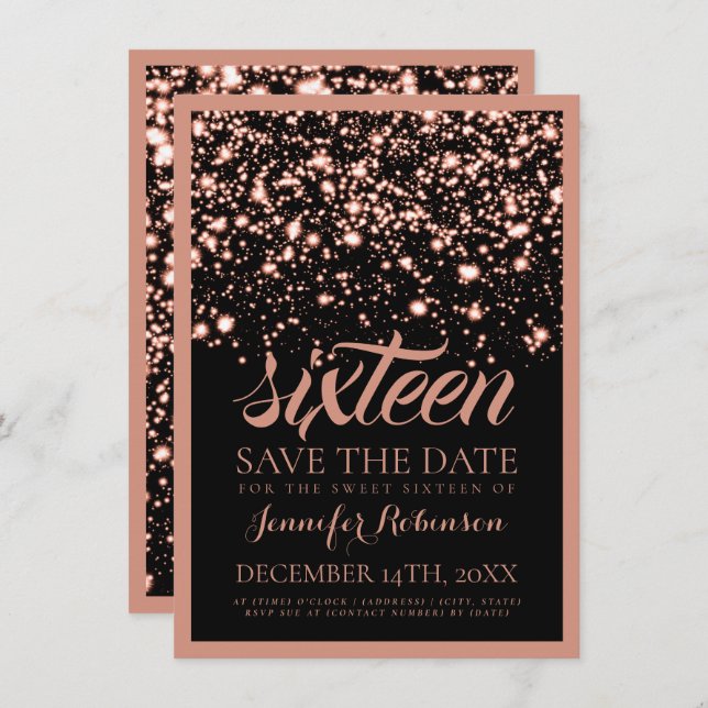 Sweet Sixteen Save The Date Rose Gold Midnight Invitation (Front/Back)