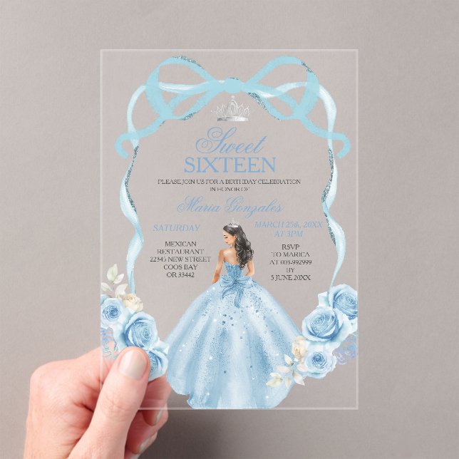 Sweet Sixteen Silver and Baby Blue Birthday Acrylic Invitations (Insitu (Handheld))