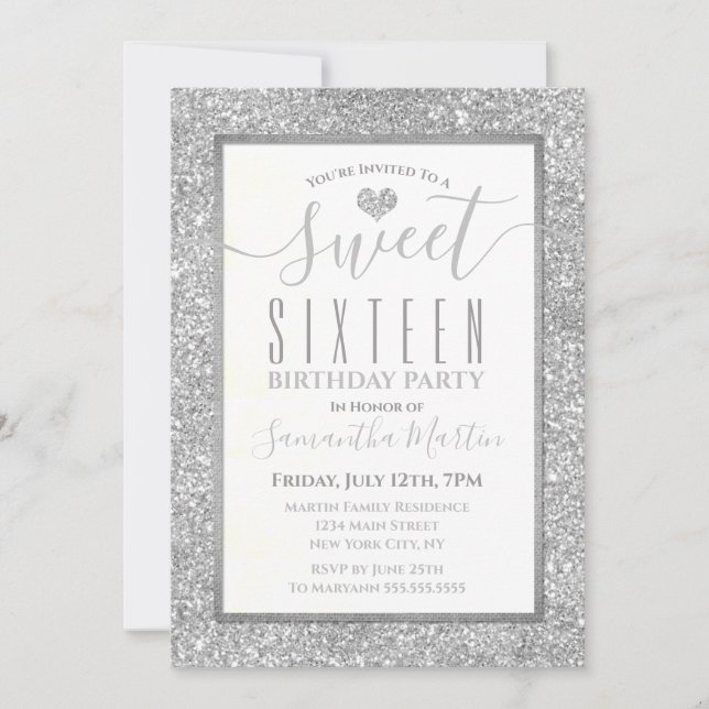 Sweet Sixteen Silver Faux Glitter Heart Birthday Invitation (Front)