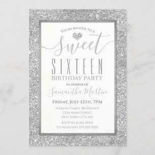 Sweet Sixteen Silver Faux Glitter Heart Birthday Invitation