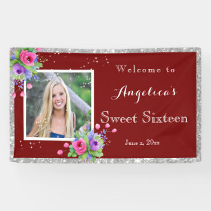 Sweet Sixteen Silver Glitter Pretty Flowers Red  Banner