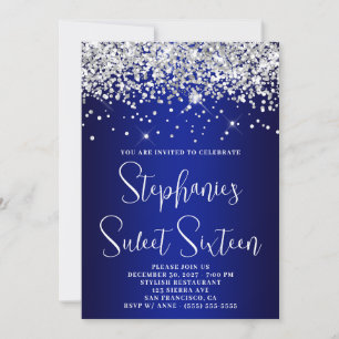 Sweet Sixteen Silver Glitter Royal Blue Navy Ombre Invitation