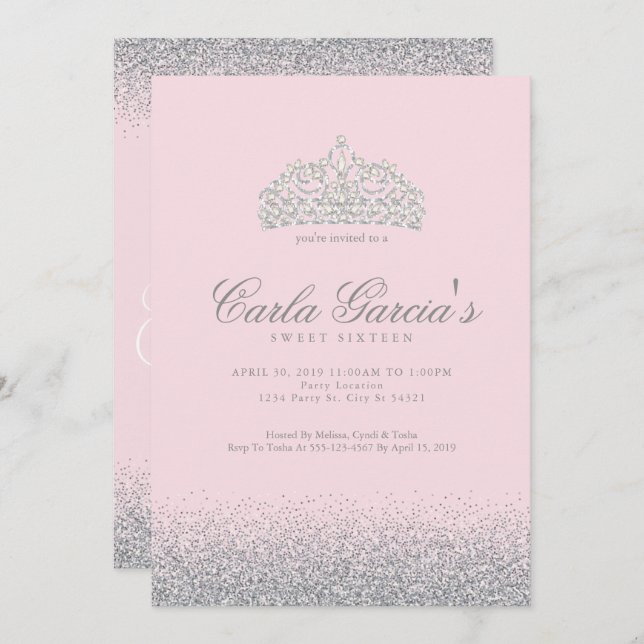 Sweet Sixteen Silver Sparkle Invitations (Front/Back)