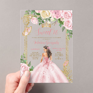 Sweet Sixteen Soft Blush Pink Crown Gold Birthday Acrylic Invitations