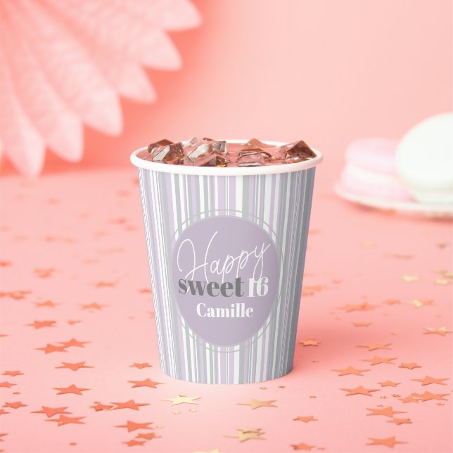 Sweet Sixteen | Soft Purple & Grey Stripes Paper Cups (Insitu)
