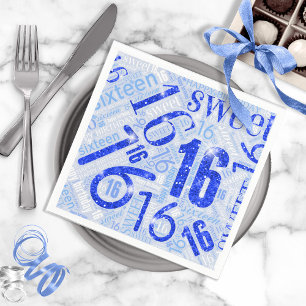 Sweet Sixteen Sparkle Word Cloud Blue Blk ID265 Napkin