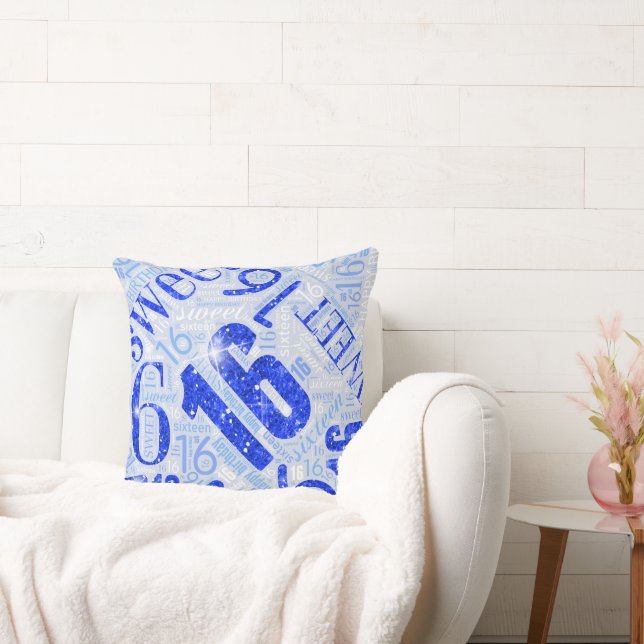 Sweet Sixteen Sparkle Word Cloud Blue ID265 Cushion (Couch)
