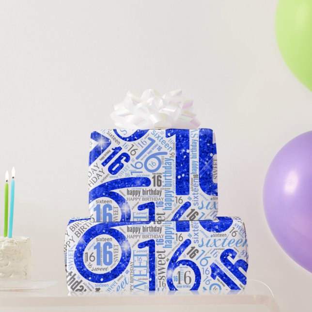 Sweet Sixteen Sparkle Word Cloud Blue White ID265 Wrapping Paper (Party Gifts)