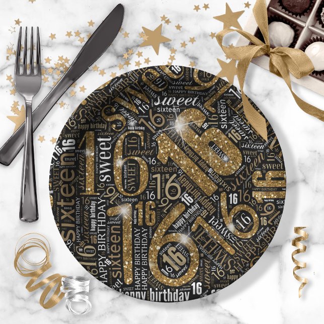 Sweet Sixteen Sparkle Word Cloud Gold Blk ID265 Paper Plate (Creator Uploaded)