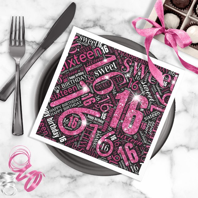 Sweet Sixteen Sparkle Word Cloud Pink Blk ID265 Napkin (Creator Uploaded)