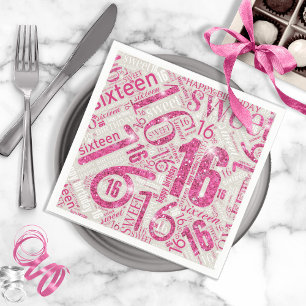 Sweet Sixteen Sparkle Word Cloud Pink ID265 Napkin
