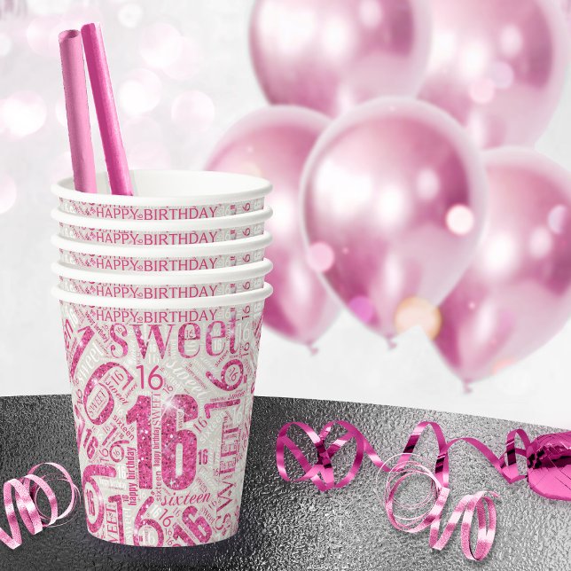 Sweet Sixteen Sparkle Word Cloud Pink ID265 Paper Cups (Creator Uploaded)