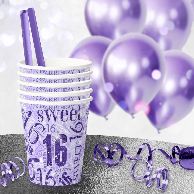 Sweet Sixteen Sparkle Word Cloud Purple ID265 Paper Cups (Creator Uploaded)