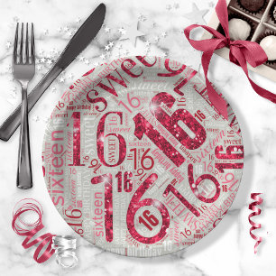 Sweet Sixteen Sparkle Word Cloud Red ID265 Paper Plate