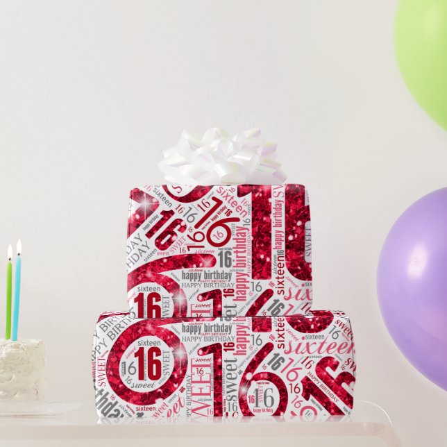 Sweet Sixteen Sparkle Word Cloud Red White ID265 Wrapping Paper (Party Gifts)