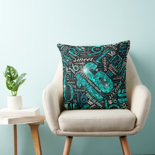 Sweet Sixteen Sparkle Word Cloud Teal Blk ID265 Cushion