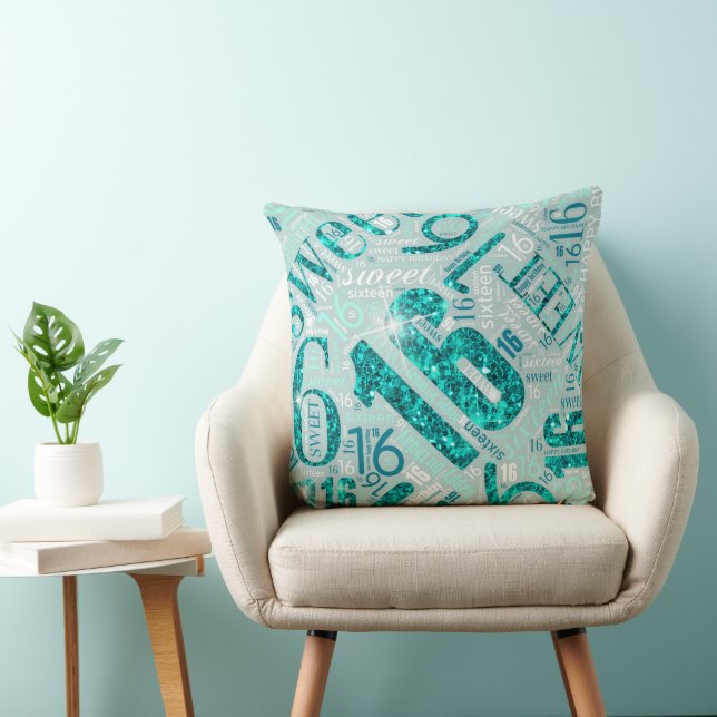 Sweet Sixteen Sparkle Word Cloud Teal ID265 Cushion (Chair)