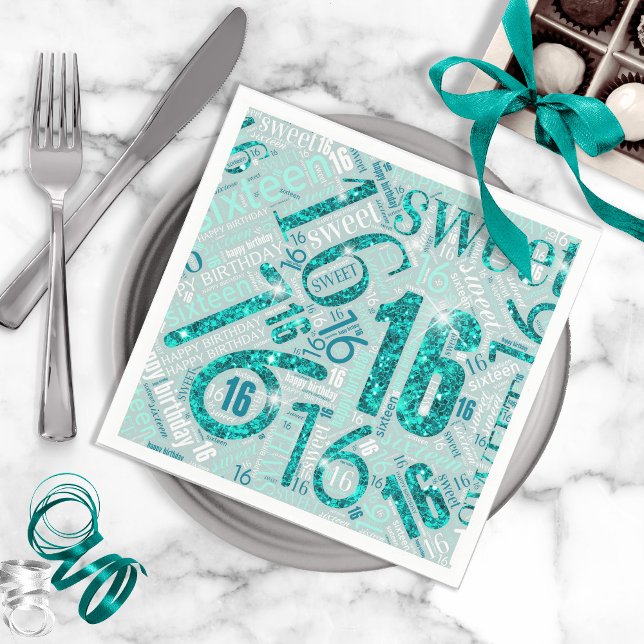 Sweet Sixteen Sparkle Word Cloud Teal ID265 Napkin (Creator Uploaded)