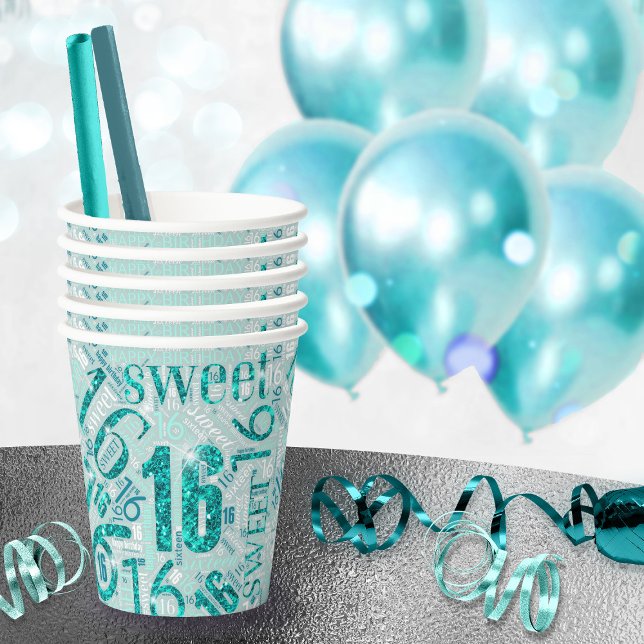 Sweet Sixteen Sparkle Word Cloud Teal ID265 Paper Cups (Creator Uploaded)
