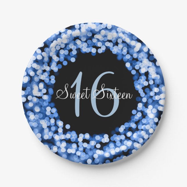Sweet Sixteen Sparkling Lights Blue Paper Plate (Front)