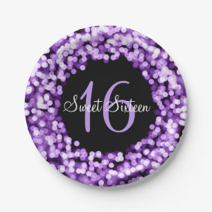 Sweet Sixteen Sparkling Lights Purple Paper Plate