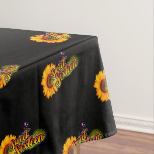 Sweet Sixteen Sunflower and Balloons on Black Tablecloth