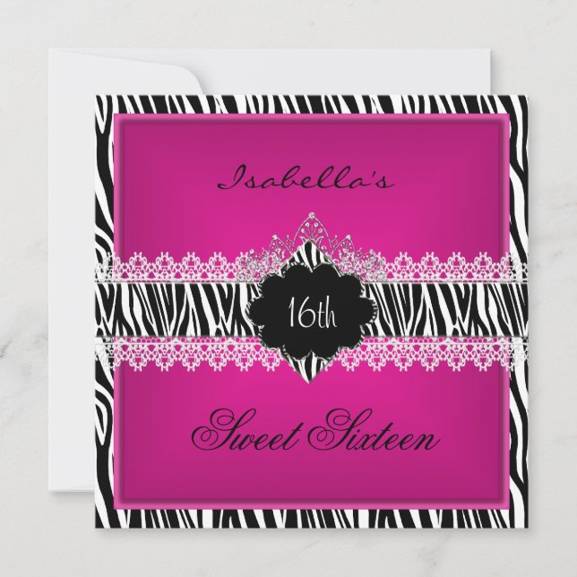 Sweet Sixteen Sweet 16 16th Black Zebra White Pink Invitation (Front)