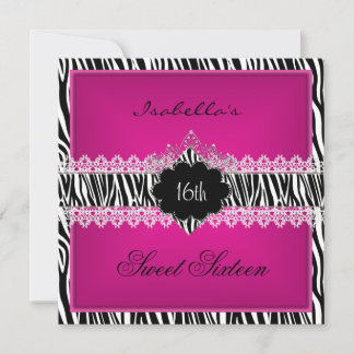 Sweet Sixteen Sweet 16 16th Black Zebra White Pink Invitation