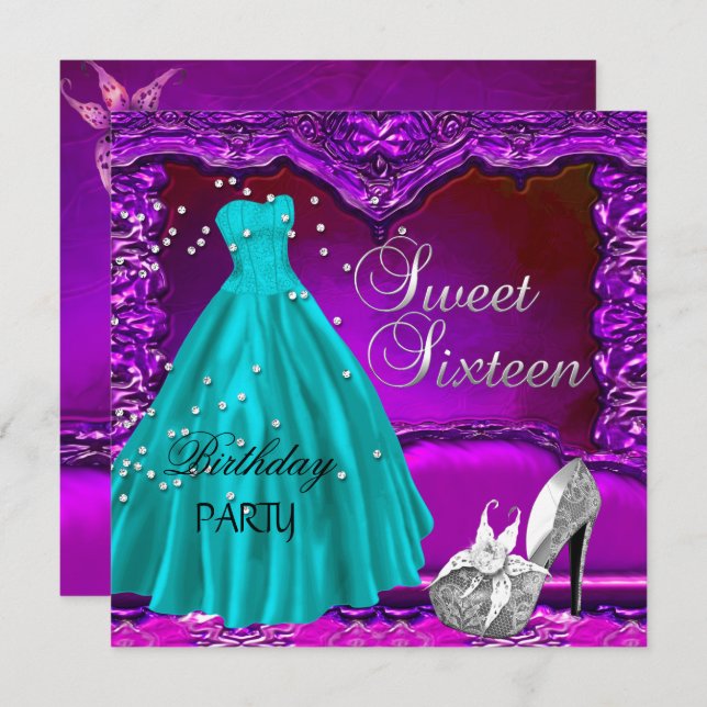 Sweet Sixteen Sweet 16 Birthday Purple Dress Gown Invitation (Front/Back)