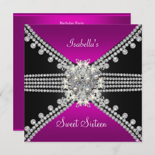 Sweet Sixteen Sweet 16 Butterfly Hot Pink Black Invitation (Front/Back)