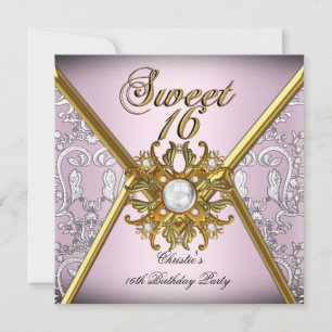 Sweet Sixteen Sweet 16 Damask Pink Gold White Invitation
