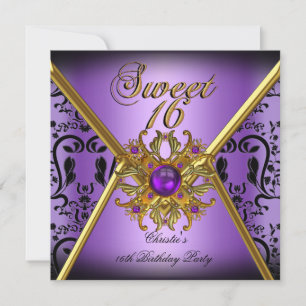 Sweet Sixteen Sweet 16 Damask Purple Gold Black Invitation