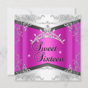 Sweet Sixteen Sweet 16 Hot Pink White Black Tiara Invitation