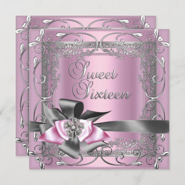 Sweet Sixteen Sweet 16 Light Pink Silver Grey Bow Invitation (Front/Back)