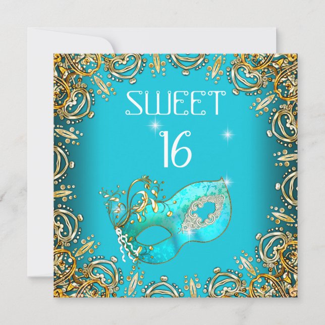 Sweet Sixteen Sweet 16 Masquerade Gold Teal Invitation (Front)