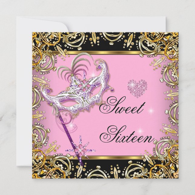 Sweet Sixteen Sweet 16 Masquerade Pink Gold Black Invitation (Front)
