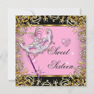 Sweet Sixteen Sweet 16 Masquerade Pink Gold Black Invitation