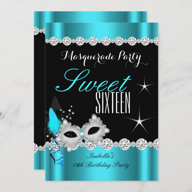 Sweet Sixteen Sweet 16 Masquerade Teal Mask 2 Invitation (Front/Back)