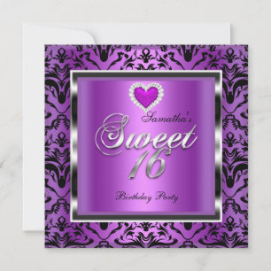 Sweet Sixteen Sweet 16 Party Purple Damask Black Invitation
