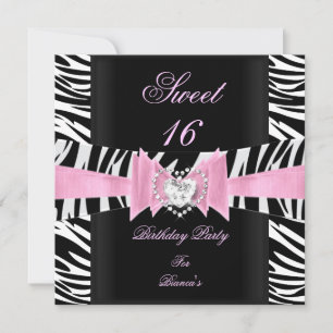 Sweet Sixteen Sweet 16 Pink Black White Zebra Invitation
