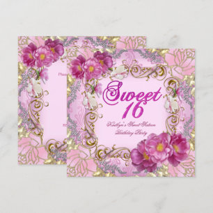Sweet Sixteen Sweet 16 Pink Damask Gold Flowers Invitation