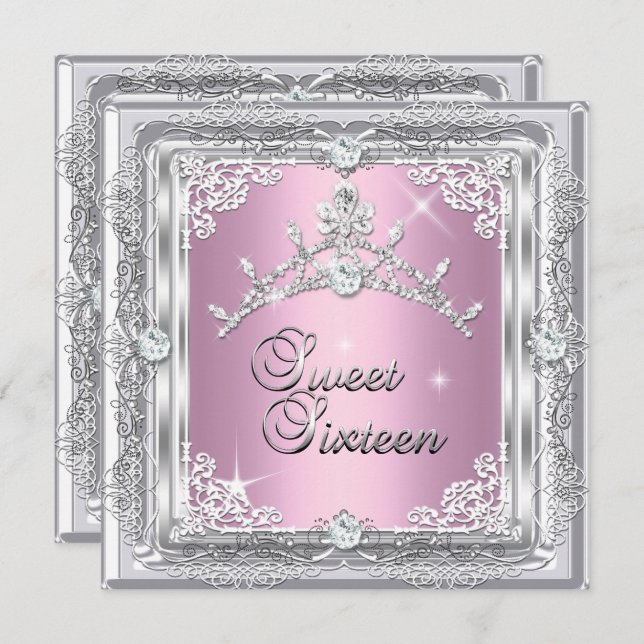 Sweet Sixteen Sweet 16 Pink Silver Diamond Tiara Invitation (Front/Back)