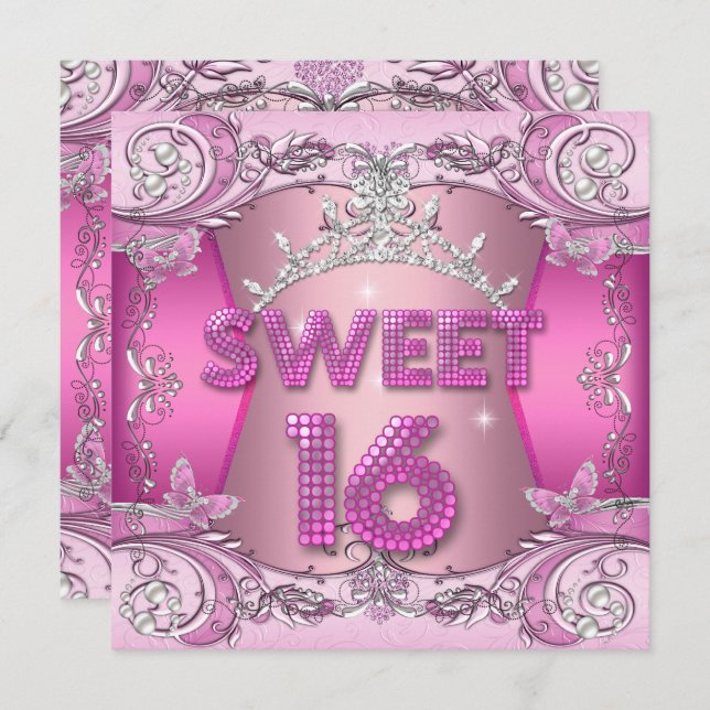 Sweet Sixteen Sweet 16 Pink Silver Tiara Invitation (Front/Back)