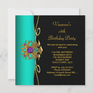 Sweet Sixteen Sweet 16 Teal Blue Purple Gold Black Invitation
