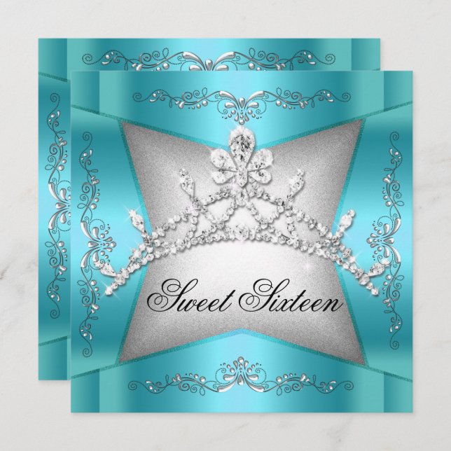 Sweet Sixteen Sweet 16 Teal Blue Silver Tiara Invitation (Front/Back)
