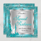Sweet Sixteen Sweet 16 Teal Blue Silver White Invitation (Front/Back)